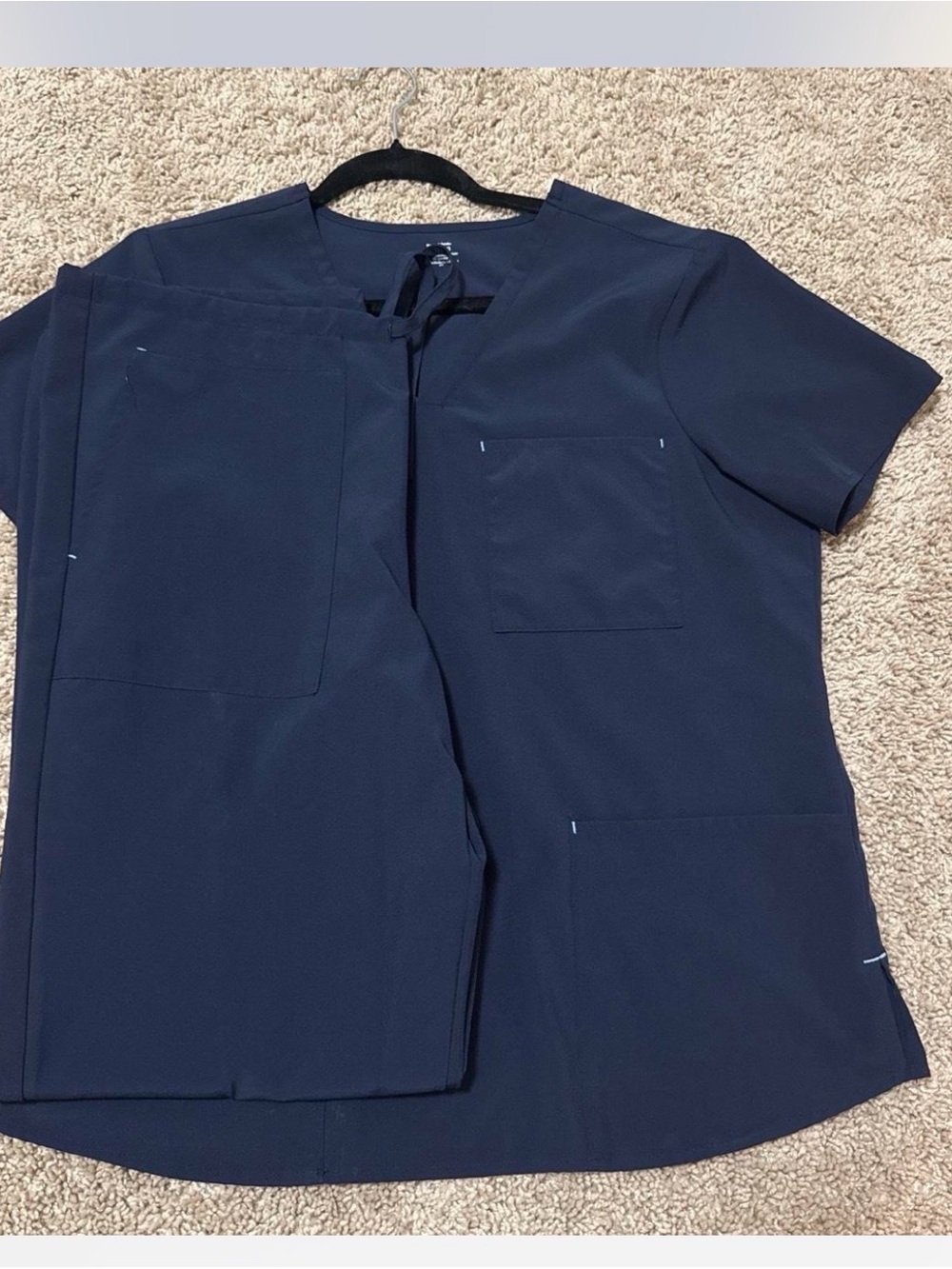 Navy Short-Sleeve Women’s Work Top with Front Patch Pockets